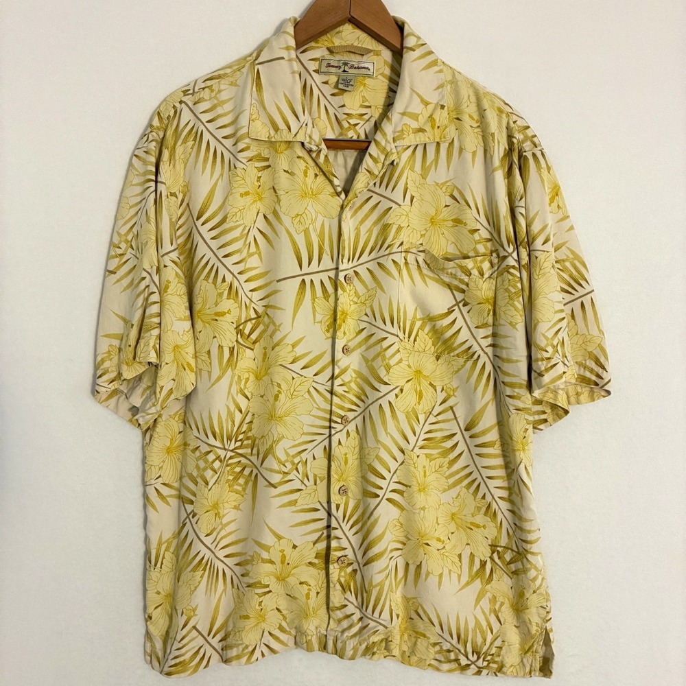 Tommy Bahama Silk Hawaiian Shirt Men's L Yellow Hibiscus Tropical Travel Resort
